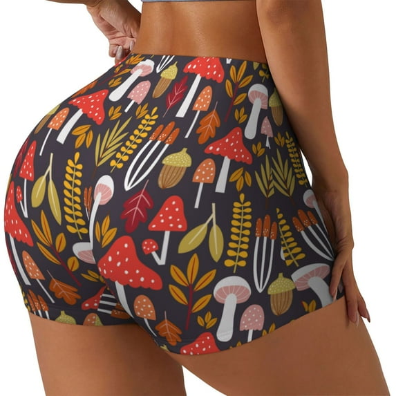 Gukieu Mushrooms And Leaves Print Women's Sports Shorts, Elastic Waist High Stretch Running Yoga Gym Sweatpants-Medium
