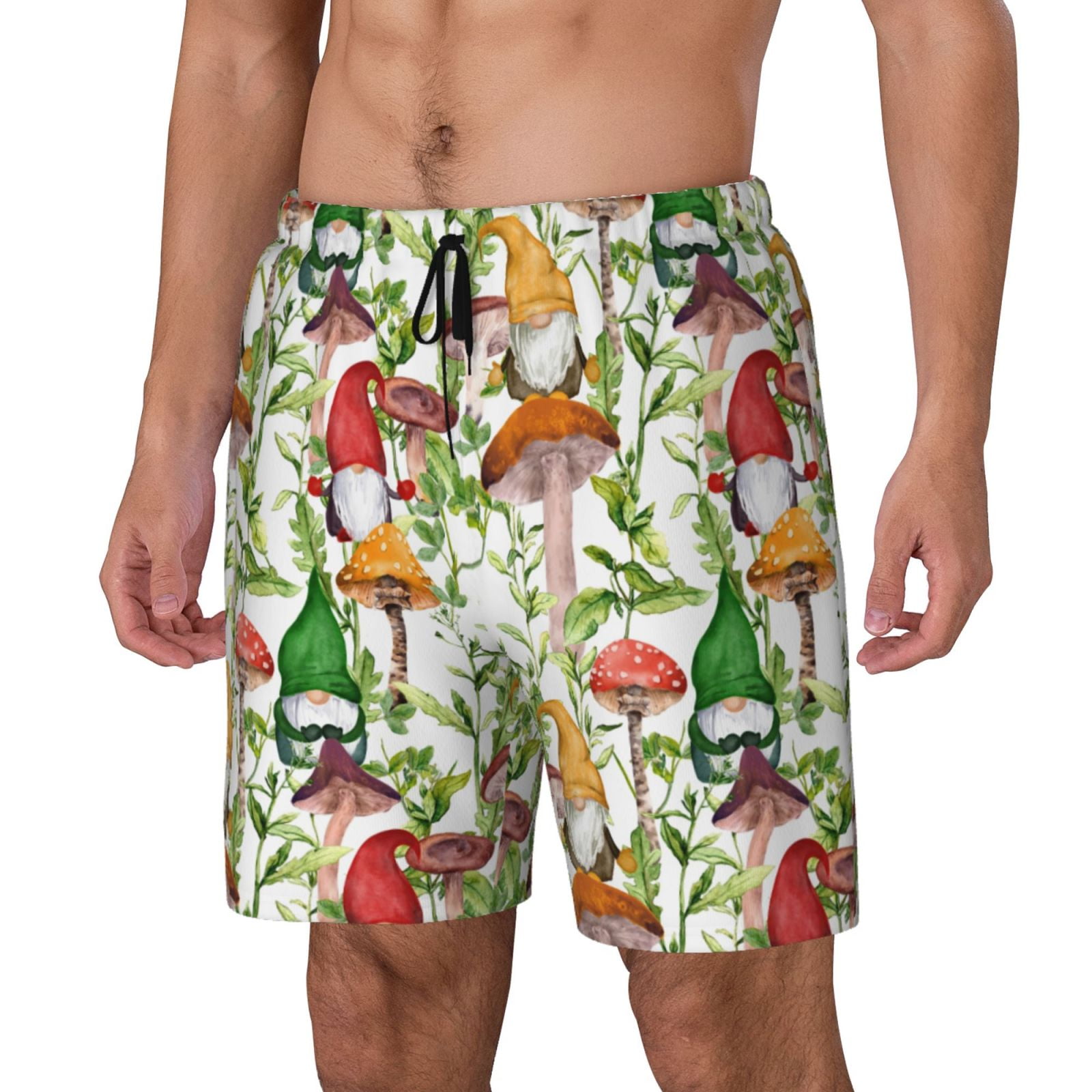 Gukieu Mushrooms Gnomes Print Men's Double Layer Sports Swim Trunks, Quick Dry Adjustable Waist Swim Shorts Swimwear-Large