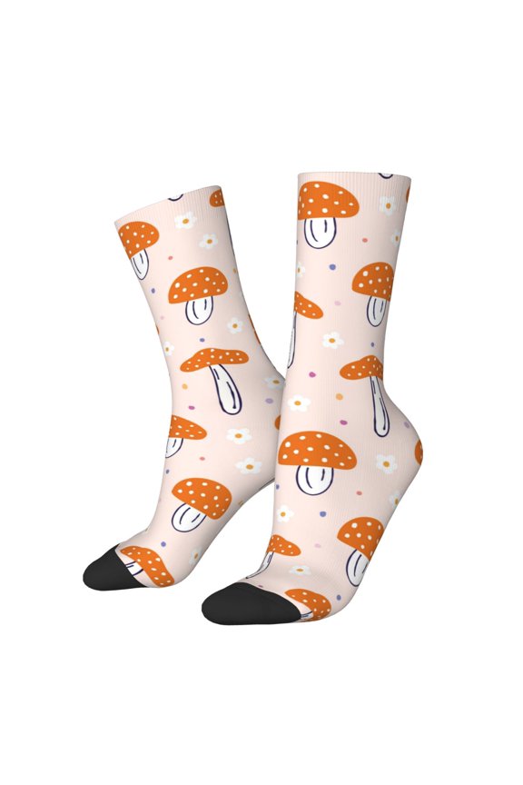 Mushrooms Print Contrast Color Mid-calf Socks, Sweat-wicking Athletic Socks, Unisex Clothing Accessories