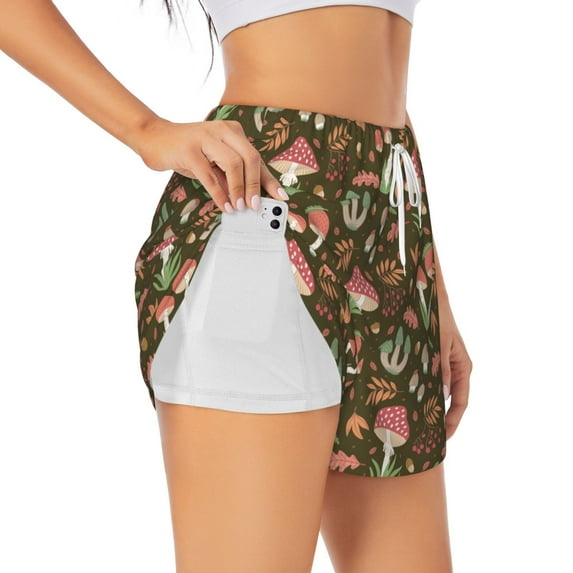 Gukieu Mushrooms and Autumn Print Women's Sports Shorts with Drawstring Elastic Waistband for Running, Yoga, Fitness-XX-Large