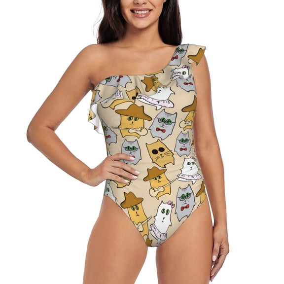 Gukieu Music Dancing Cat Print One-shoulder Ruffled One-piece Swimsuit with Removable Chest Pads and Tummy-control Swimsuit for Women-Medium