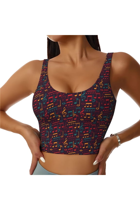 Music Print Women's Sports Vest, Low-neck U-shaped Removable Pad Sports Bra for Yoga, Exercise, Dance-Medium
