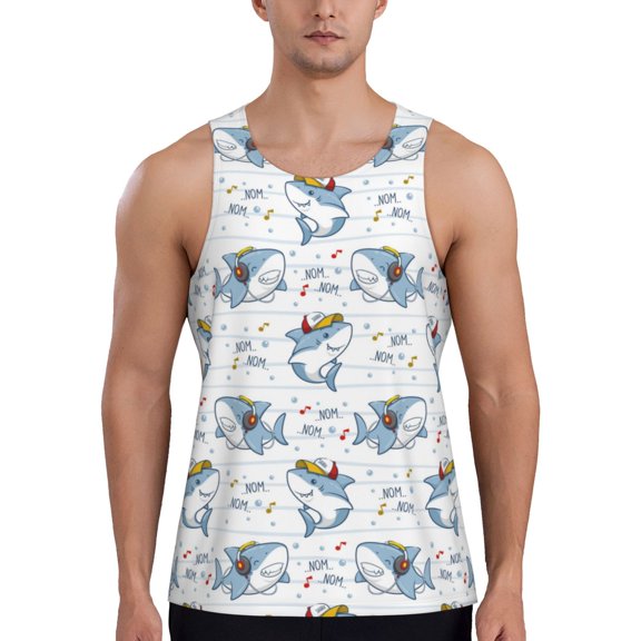 Gukieu Music Shark Print Men's Quick Dry Fitness Vest, Round Neck Sleeveless Fitness Bodybuilding Top-Medium
