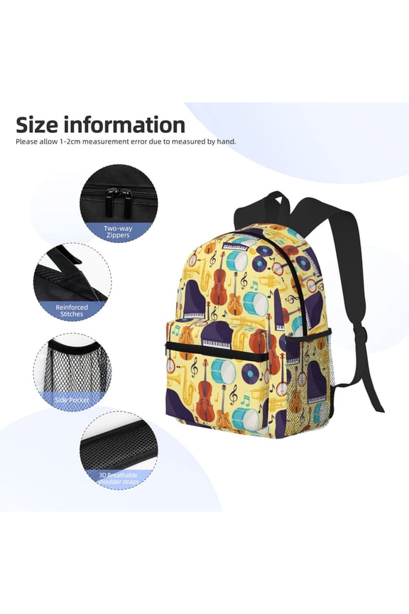 Musical Instruments Print Backpack, Waterproof Backpack with Adjustable Shoulder Straps, Suitable for Campus, Business, Travel, Unisex