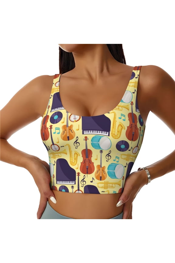 Musical Instruments Print Women's Sports Vest, Low-neck U-shaped Removable Pad Sports Bra for Yoga, Exercise, Dance-Medium