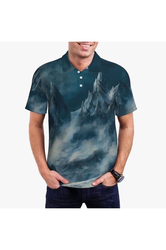 Mysterious Moonlit Mountains Print Men's Quick-drying POLO Shirt, Button-down Summer T-shirt, Suitable for Work and Outdoor Activities-Small