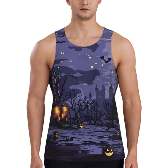 Gukieu Mystery House Halloween Night Print Men's Quick Dry Fitness Vest, Round Neck Sleeveless Fitness Bodybuilding Top-Medium