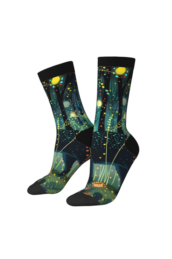 Mystical Black Cat Fireflies Print Contrast Color Mid-calf Socks, Sweat-wicking Athletic Socks, Unisex Clothing Accessories