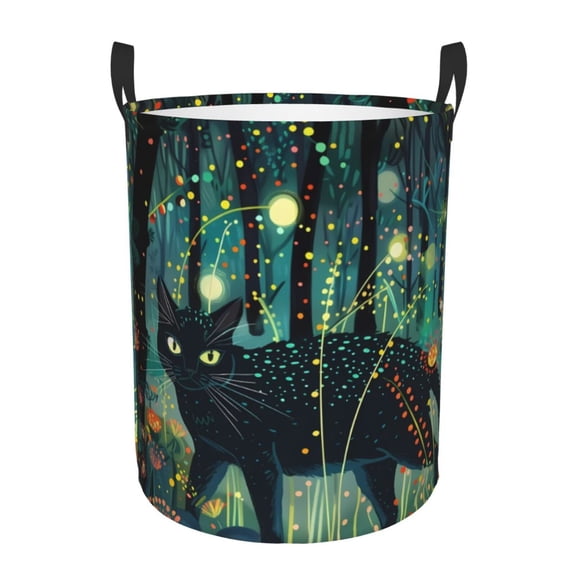 Gukieu Mystical Black Cat Fireflies Print Round Dirty Clothes Bag, Waterproof Standing Home Bathroom Storage Basket Car Trunk Storage Bag-Medium