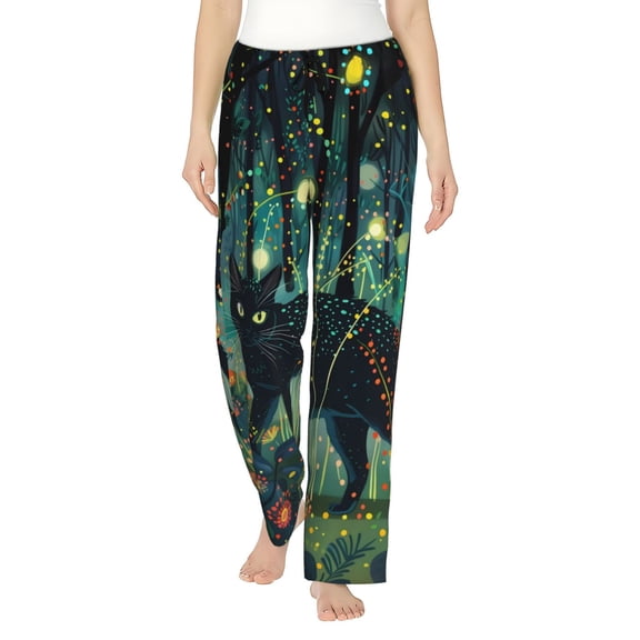 Gukieu Mystical Black Cat Fireflies Print Women's Home Trousers, with Pockets and Drawstring Pajamas, Home Pajamas, Sleepwear-XX-Large