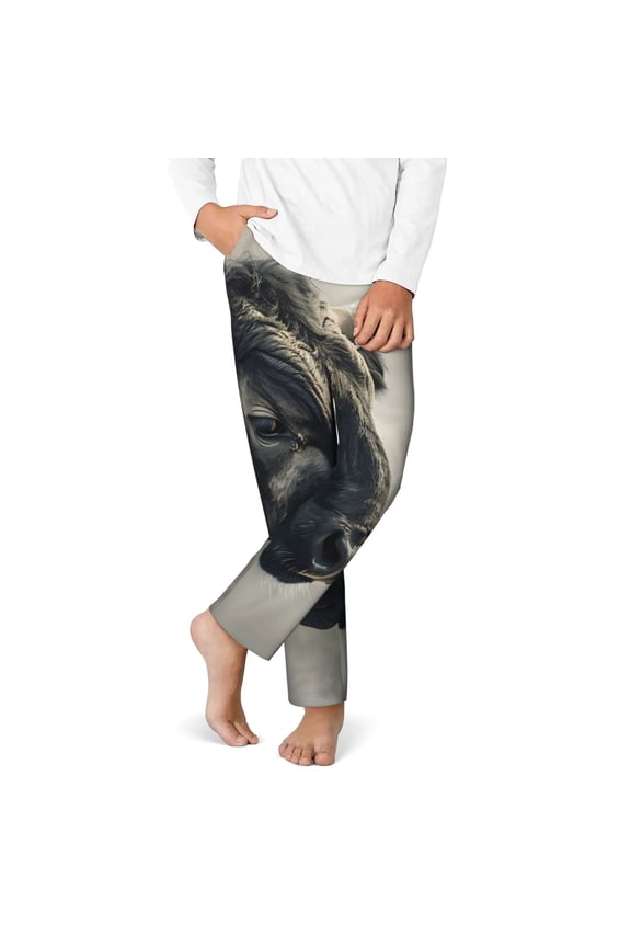 Mystical Bull in Fog Print Youth Home Trousers, Elastic Waistband with Pockets for Home and Outing, Suitable for Children Aged 5-16-Small