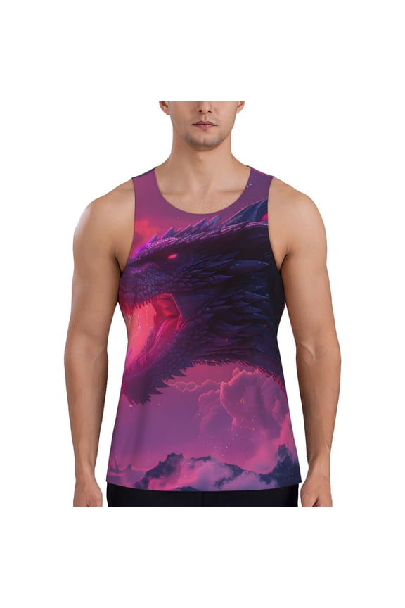 Mystical Dragon Under Moon Print Men's Quick Dry Fitness Vest, Round Neck Sleeveless Fitness Bodybuilding Top-Large