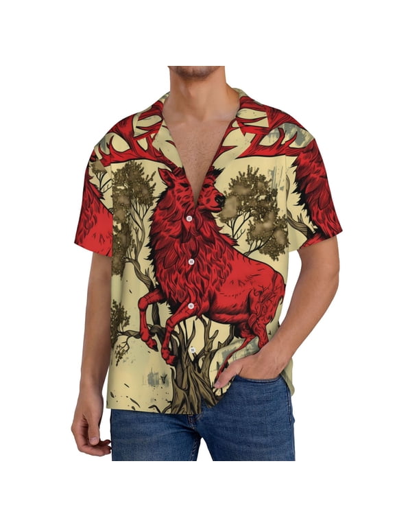 Mythical Red Stag Illustration Print Men's Short-sleeved Shirts, Button-down Pocket Shirts, T-shirts, Beach Vacation Travel Summer Clothing-4X-Large
