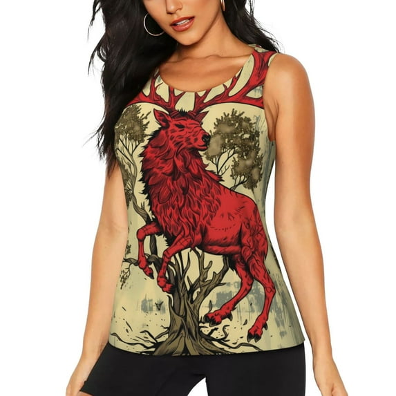 Gukieu Mythical Red Stag Illustration Print Women's Quick-drying Fitness Vest, Round Neck Sleeveless Fitness T-shirt, Suitable for Yoga, Sports-Small