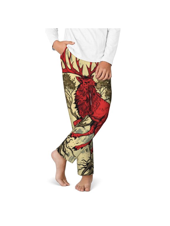 Mythical Red Stag Illustration Print Youth Home Trousers, Elastic Waistband with Pockets for Home and Outing, Suitable for Children Aged 5-16-Small