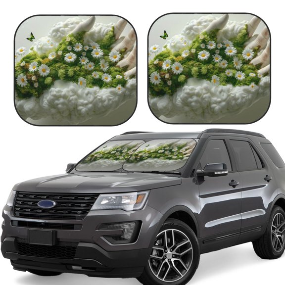 Gukieu Nature Hand Daisies Art Print Car Windshield Sun Visor, Foldable Anti-UV Car Sun Visor Suitable for Vans, Trucks Car Accessories-Large