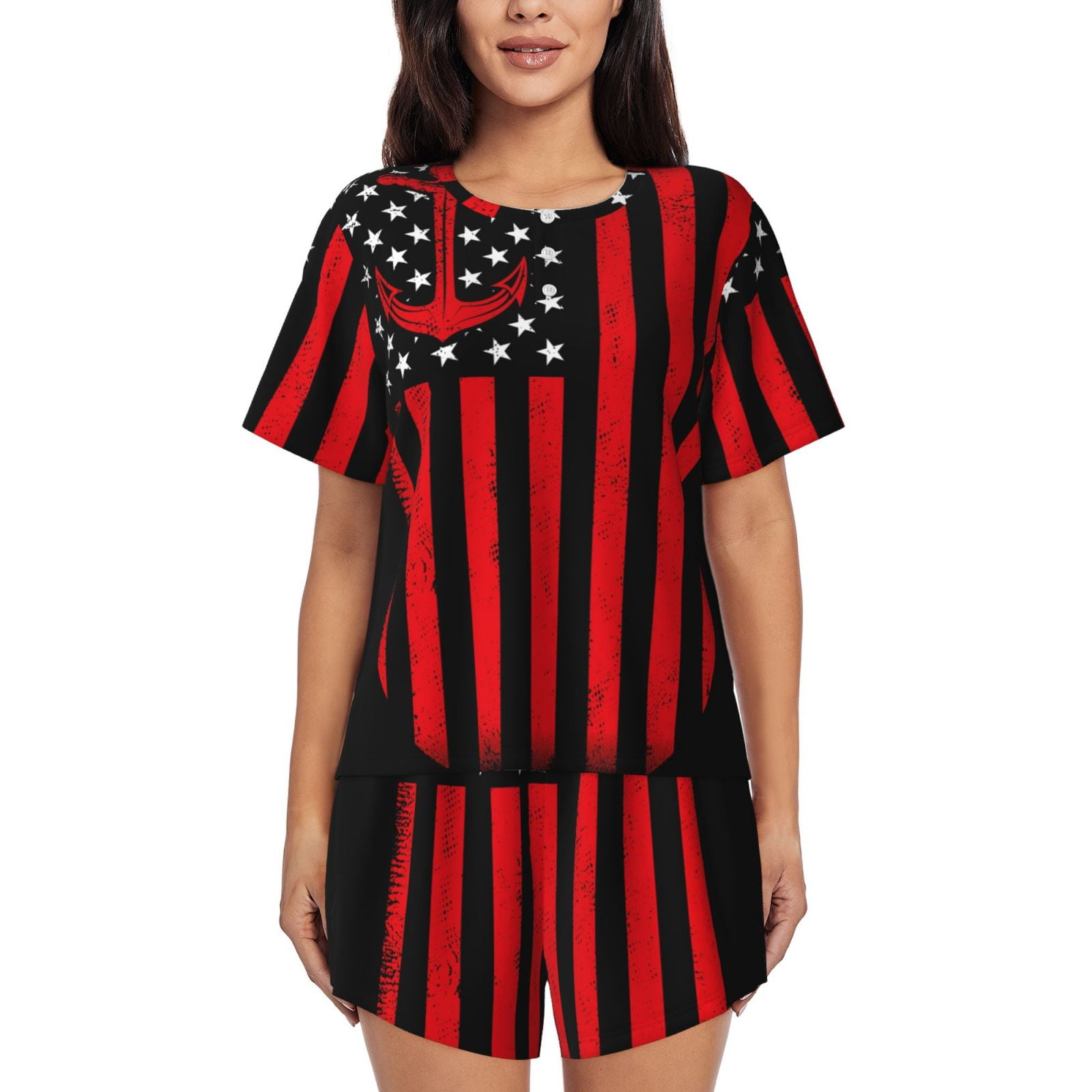 Gukieu Nautical American Flag Print Women's Short-sleeved Pajama Set, Round Neck Button Top Elastic Shorts 2-piece Set, Summer Home Leisure Clothing-Small