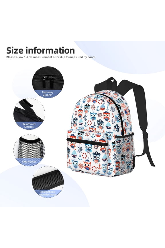 Nautical And Pirate Owls Print Backpack, Waterproof Backpack with Adjustable Shoulder Straps, Suitable for Campus, Business, Travel, Unisex