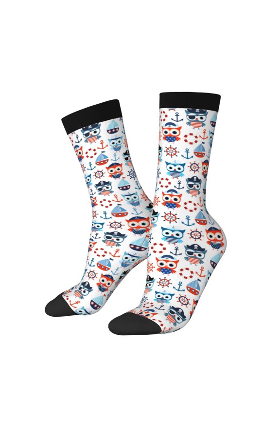 Nautical And Pirate Owls Print Contrast Color Mid-calf Socks, Sweat-wicking Athletic Socks, Unisex Clothing Accessories