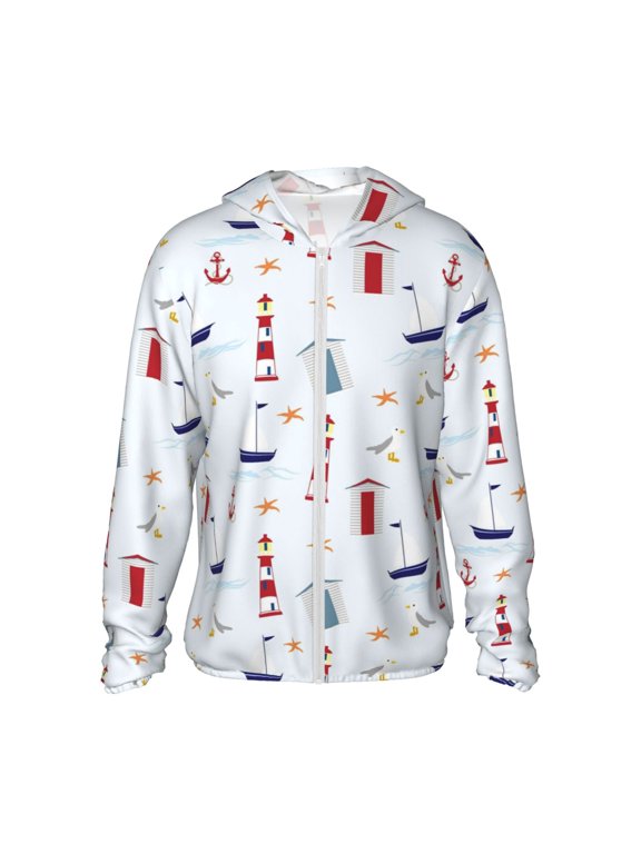 Nautical Lighthouse Sailboat Print Sun Protection Hoodies for Men and Women, Zippered Long-sleeved Quick-drying UV Protection Shirts, Suitable for Sports, Swimming, Fishing-XX-Large