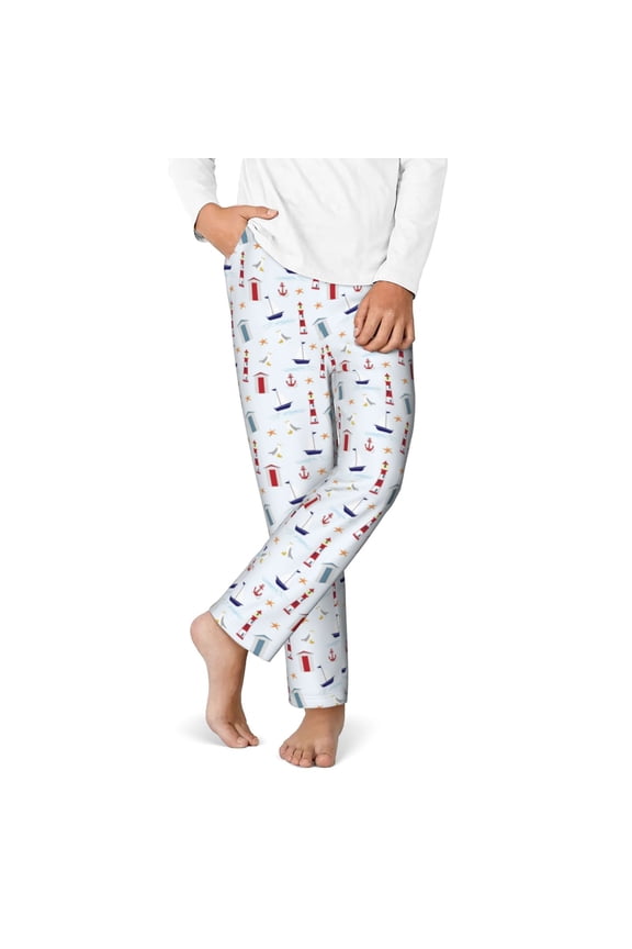 Nautical Lighthouse Sailboat Print Youth Home Trousers, Elastic Waistband with Pockets for Home and Outing, Suitable for Children Aged 5-16-Medium