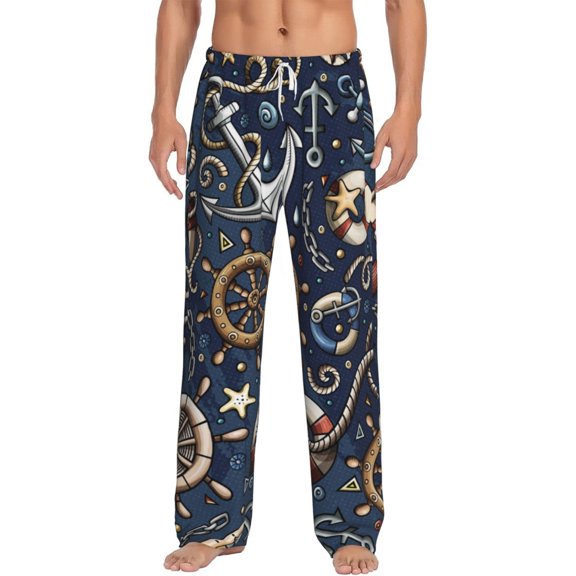 Gukieu Nautical Print Men's Home Trousers, Elastic Drawstring Home Pajamas Clothing Suitable for Adult Men-3X-Large