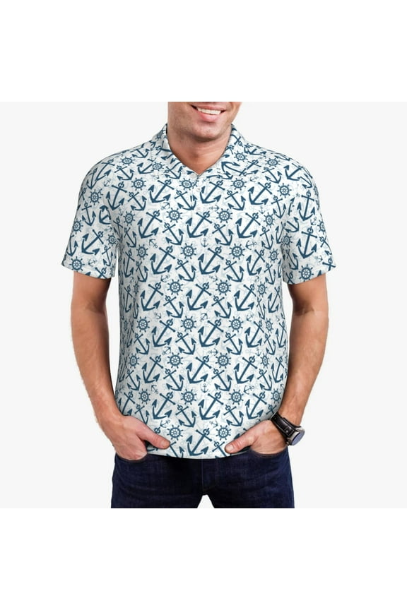 Nautical Theme Anchors Print Men's Quick-drying POLO Shirt, Button-down Summer T-shirt, Suitable for Work and Outdoor Activities-Small