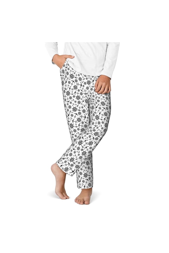 Nautical Themed Simple Anchors Print Youth Home Trousers, Elastic Waistband with Pockets for Home and Outing, Suitable for Children Aged 5-16-XS(5-6)