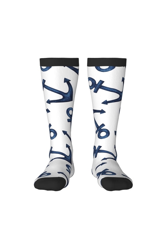 Navy Blue Anchor Print Contrast Color Stockings, Elastic Sports Socks Warm Socks Clothing Accessories, Adult Unisex