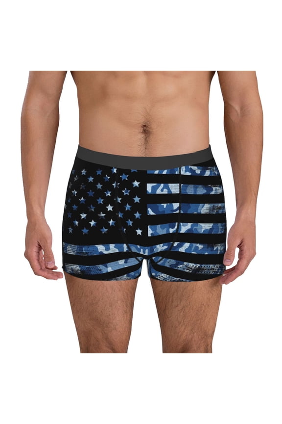 Navy Camouflage American Flag Print Men's Boxer Briefs, High Elastic Moisture Wicking Boxer Briefs Underwear-Large
