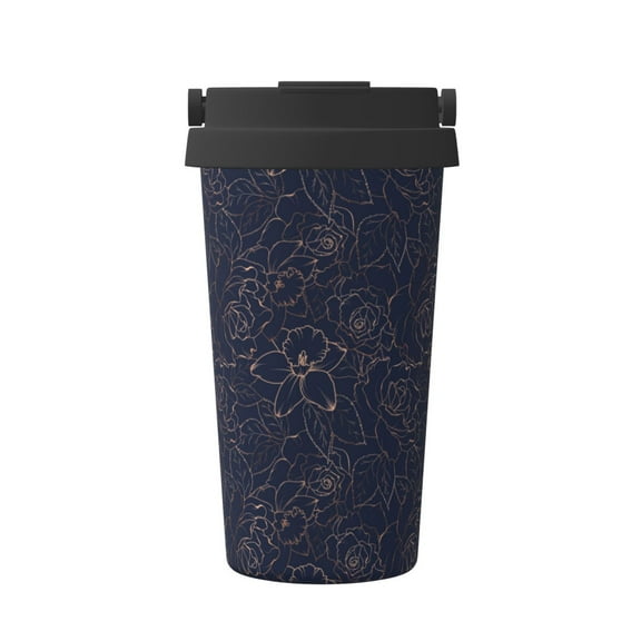 Gukieu Navy Dark Blue Print Insulated Coffee Cup, Portable Stainless Steel Vacuum Cup with Lid, Unisex, Suitable for Office, Cafe, Car