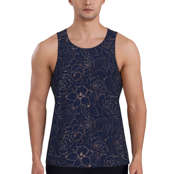 Gukieu Navy Dark Blue Print Men's Quick Dry Fitness Vest, Round Neck Sleeveless Fitness Bodybuilding Top-XX-Large
