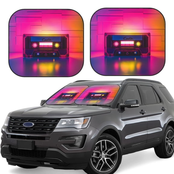 Gukieu Neon Cassette Tape Print Car Windshield Sun Visor, Foldable Anti-UV Car Sun Visor Suitable for Vans, Trucks Car Accessories-Small