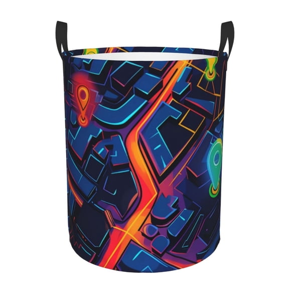 Gukieu Neon City Map Print Round Dirty Clothes Bag, Waterproof Standing Home Bathroom Storage Basket Car Trunk Storage Bag-Small