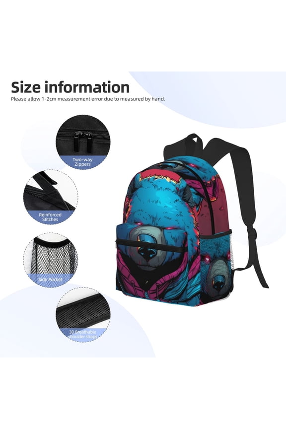 Neon Cyberpunk Blue Bear Print Backpack, Waterproof Backpack with Adjustable Shoulder Straps, Suitable for Campus, Business, Travel, Unisex