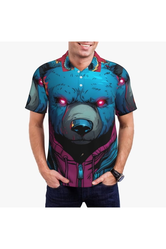 Neon Cyberpunk Blue Bear Print Men's Quick-drying POLO Shirt, Button-down Summer T-shirt, Suitable for Work and Outdoor Activities-X-Large
