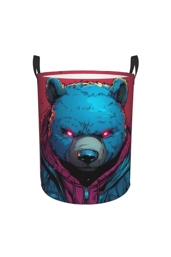 Neon Cyberpunk Blue Bear Print Round Dirty Clothes Bag, Waterproof Standing Home Bathroom Storage Basket Car Trunk Storage Bag-Small