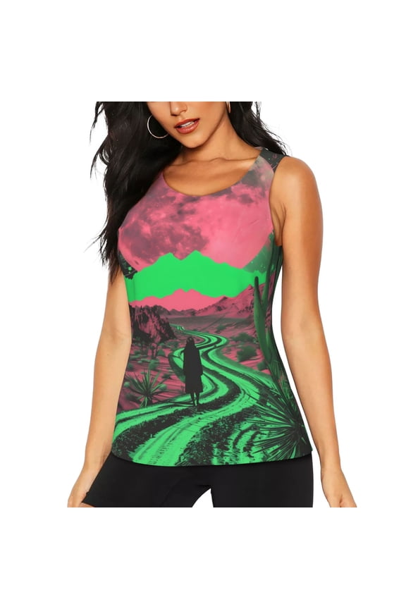 Neon Desert Moon Print Women's Quick-drying Fitness Vest, Round Neck Sleeveless Fitness T-shirt, Suitable for Yoga, Sports-X-Large