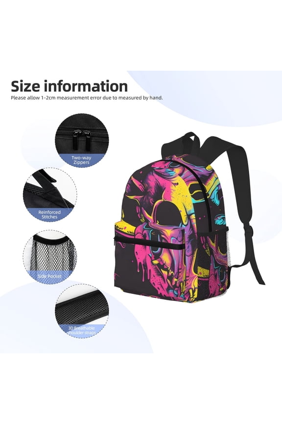 Neon Gothic Skull Moon Print Backpack, Waterproof Backpack with Adjustable Shoulder Straps, Suitable for Campus, Business, Travel, Unisex
