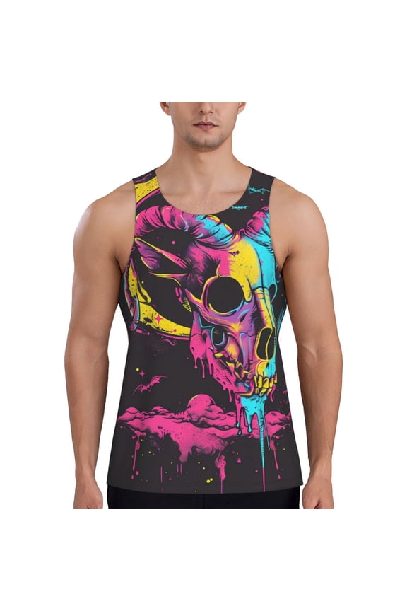 Neon Gothic Skull Moon Print Men's Quick Dry Fitness Vest, Round Neck Sleeveless Fitness Bodybuilding Top-X-Large