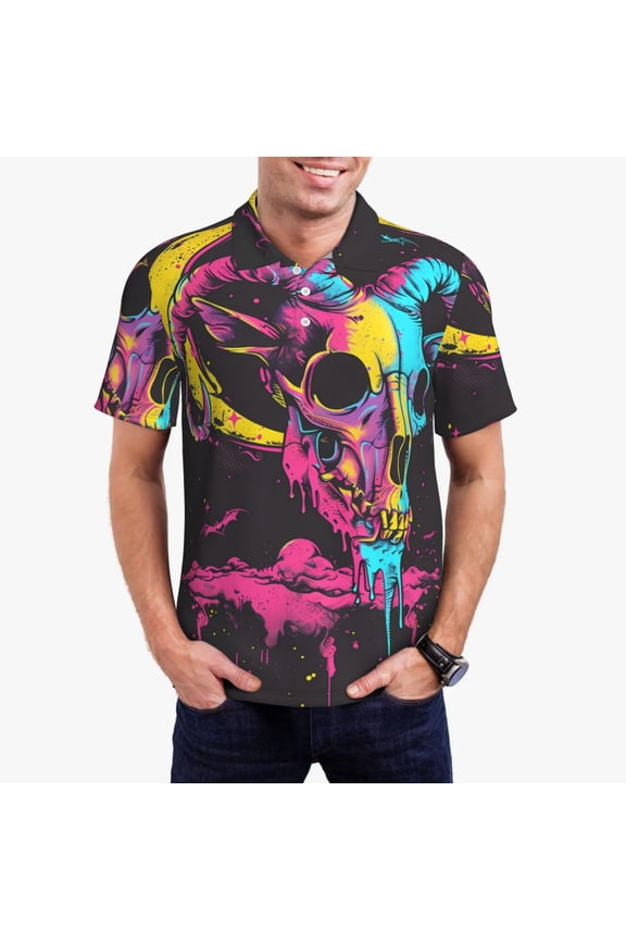 Neon Gothic Skull Moon Print Men's Quick-drying POLO Shirt, Button-down Summer T-shirt, Suitable for Work and Outdoor Activities-Small