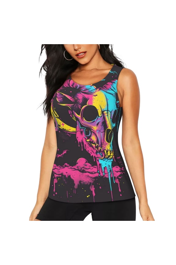 Neon Gothic Skull Moon Print Women's Quick-drying Fitness Vest, Round Neck Sleeveless Fitness T-shirt, Suitable for Yoga, Sports-X-Large