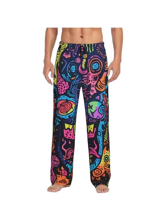 Neon Graffiti Urban Art Print Men's Home Trousers, Elastic Drawstring Home Pajamas Clothing Suitable for Adult Men-Small
