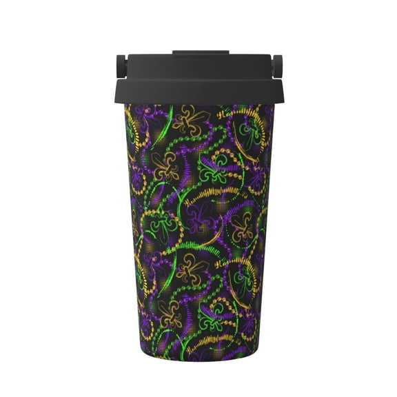 Gukieu Neon Mardi Gras Print Insulated Coffee Cup, Portable Stainless Steel Vacuum Cup with Lid, Unisex, Suitable for Office, Cafe, Car