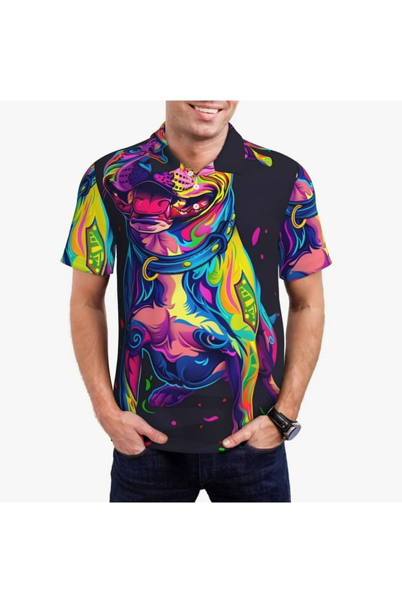 Neon Pop Art Pitbull Print Men's Quick-drying POLO Shirt, Button-down Summer T-shirt, Suitable for Work and Outdoor Activities-Small