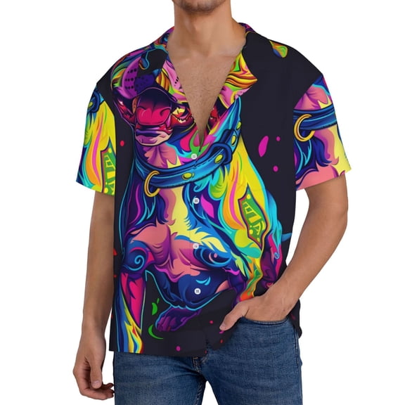 Gukieu Neon Pop Art Pitbull Print Men's Short-sleeved Shirts, Button-down Pocket Shirts, T-shirts, Beach Vacation Travel Summer Clothing-XX-Large