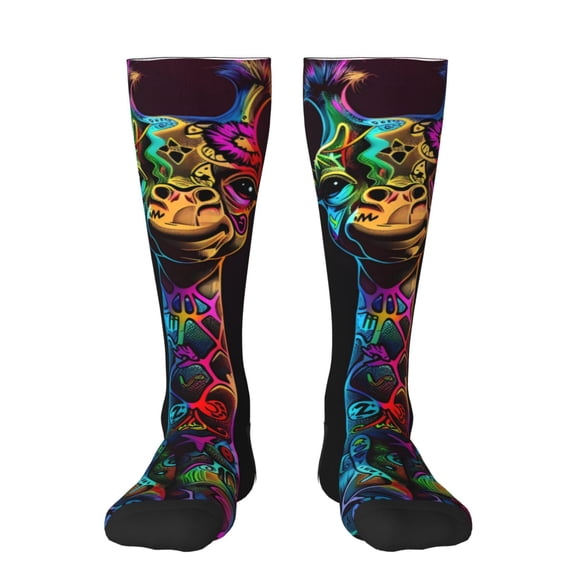 Gukieu Neon Psychedelic Giraffe Print Contrast Color Stockings, Elastic Sports Socks Warm Socks Clothing Accessories, Adult Unisex
