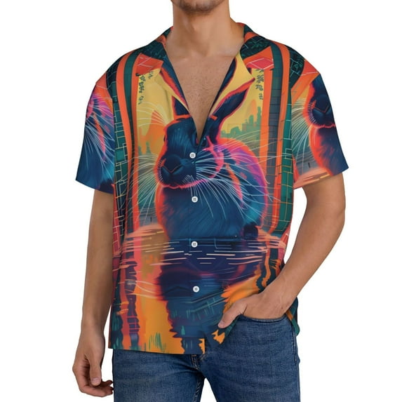 Gukieu Neon Rabbit In Archway Print Men's Short-sleeved Shirts, Button-down Pocket Shirts, T-shirts, Beach Vacation Travel Summer Clothing-XX-Large