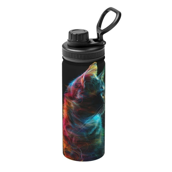 Gukieu Neon Spectrum Cat Portrait Print 18OZ Portable Sports Water Bottle, Stainless Steel Insulated Water Cup for Men and Women, Suitable for Gym, Travel, Camping