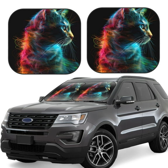 Gukieu Neon Spectrum Cat Portrait Print Car Windshield Sun Visor, Foldable Anti-UV Car Sun Visor Suitable for Vans, Trucks Car Accessories-Small